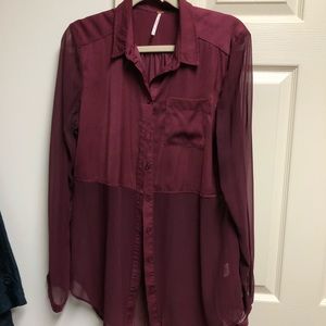 FREE PEOPLE LONG BURGUNDY BUTTON DOWN CHIFFON SZ M